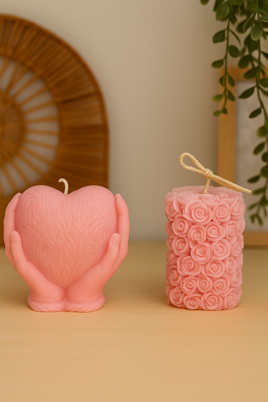 Artistic Handcrafted Candles – Heart &amp; Flower Design (Set of 2)