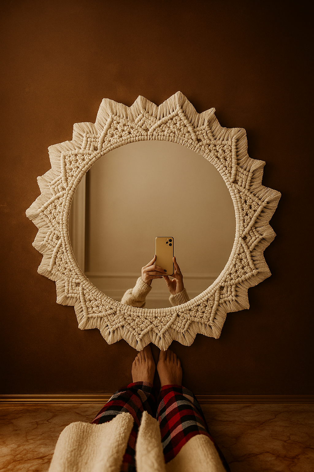 HANDMADE TRENDY WALL DECOR HANGING MIRROR,MACRAME ROUND MIRROR,BOHO WALL ART MIRROR OFF WHITE