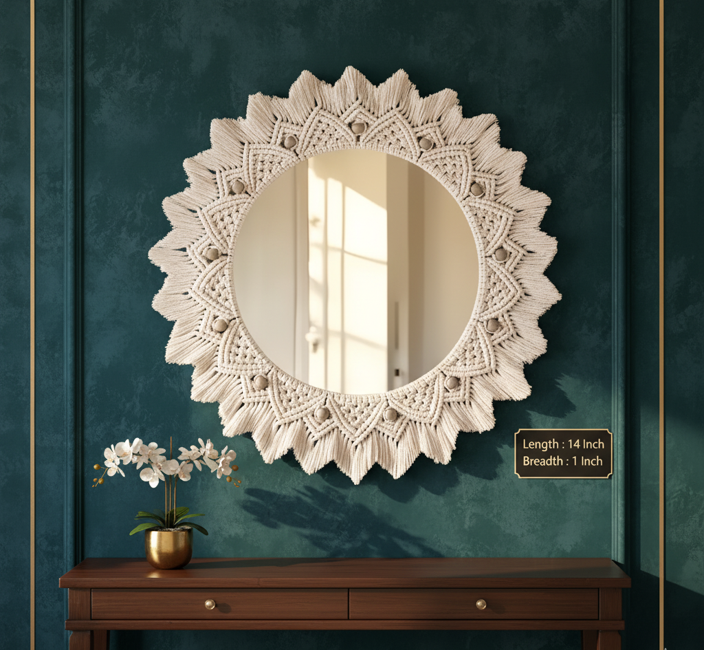 HANDMADE TRENDY WALL DECOR HANGING MIRROR,MACRAME ROUND MIRROR,BOHO WALL ART MIRROR OFF WHITE