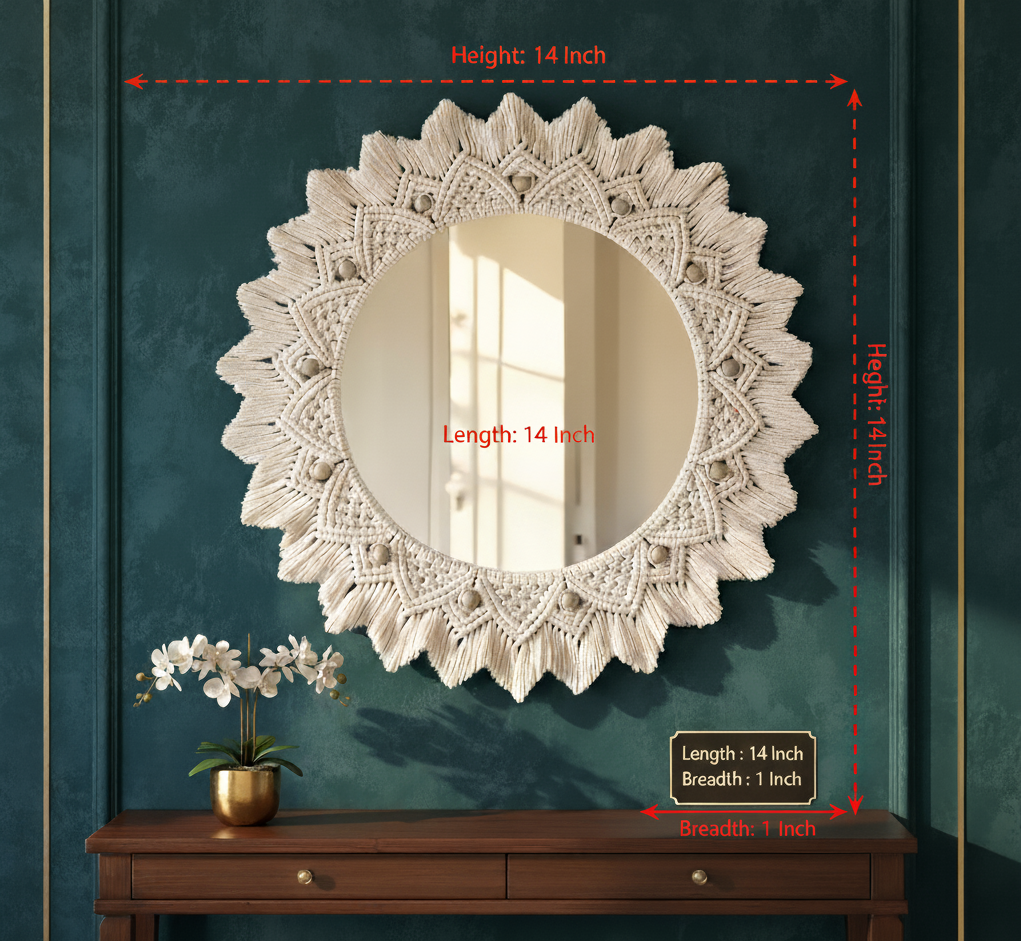 HANDMADE TRENDY WALL DECOR HANGING MIRROR,MACRAME ROUND MIRROR,BOHO WALL ART MIRROR OFF WHITE