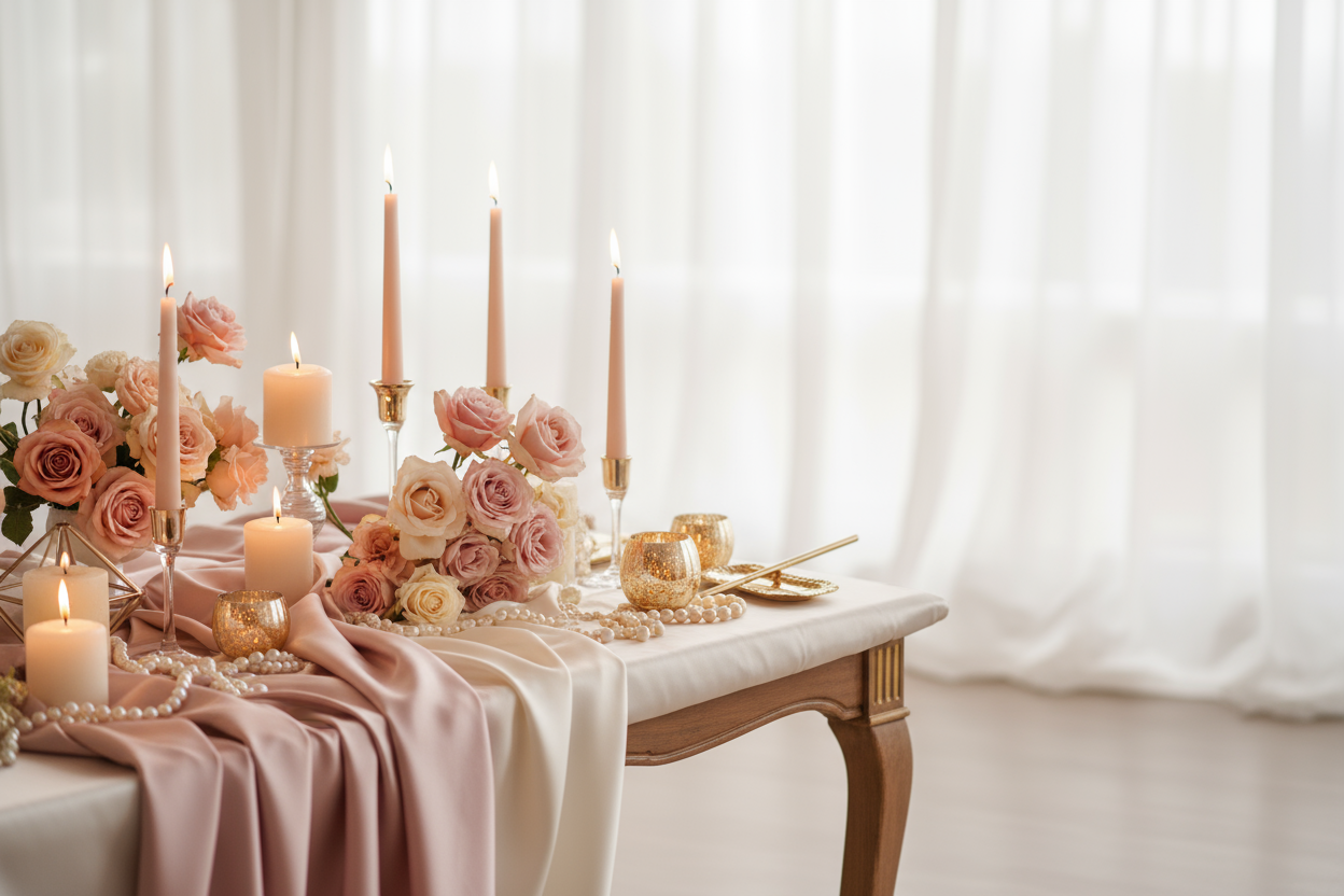  Image Prompt:
An elegant, feminine setup with **blush pink satin fabric**, **lit candles**, **roses**, **pearls**, and **gold decor accents** on a silk table. Soft warm lighting, airy background, and a **romantic, graceful mood**. Designed for both **desktop (16:9)** and **mobile** layouts, leaving space for text overlay. Color palette: **#FCE2F3, blush, ivory, beige, soft gold.**
